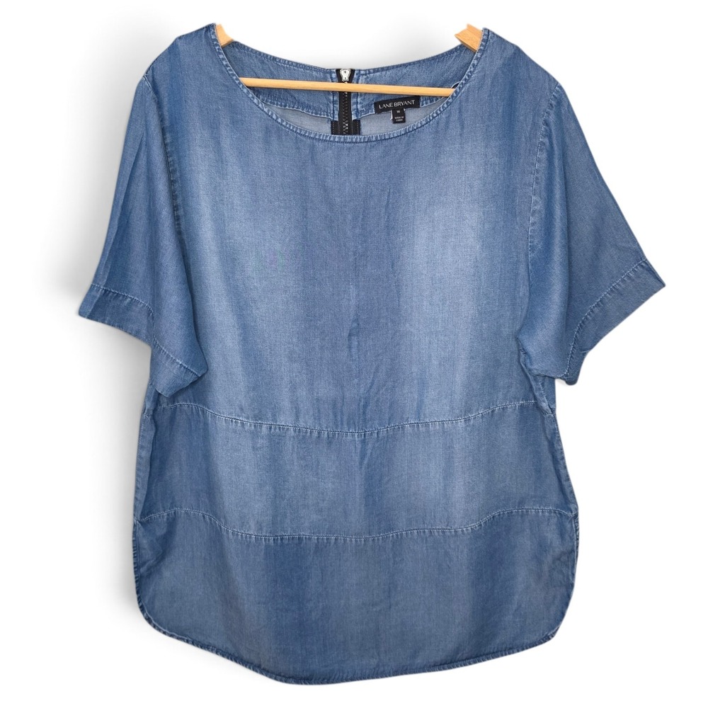 Lane Bryant Denim Shirt Womens 14 Blue Chambray Tencel Tiered Short Sleeve Top